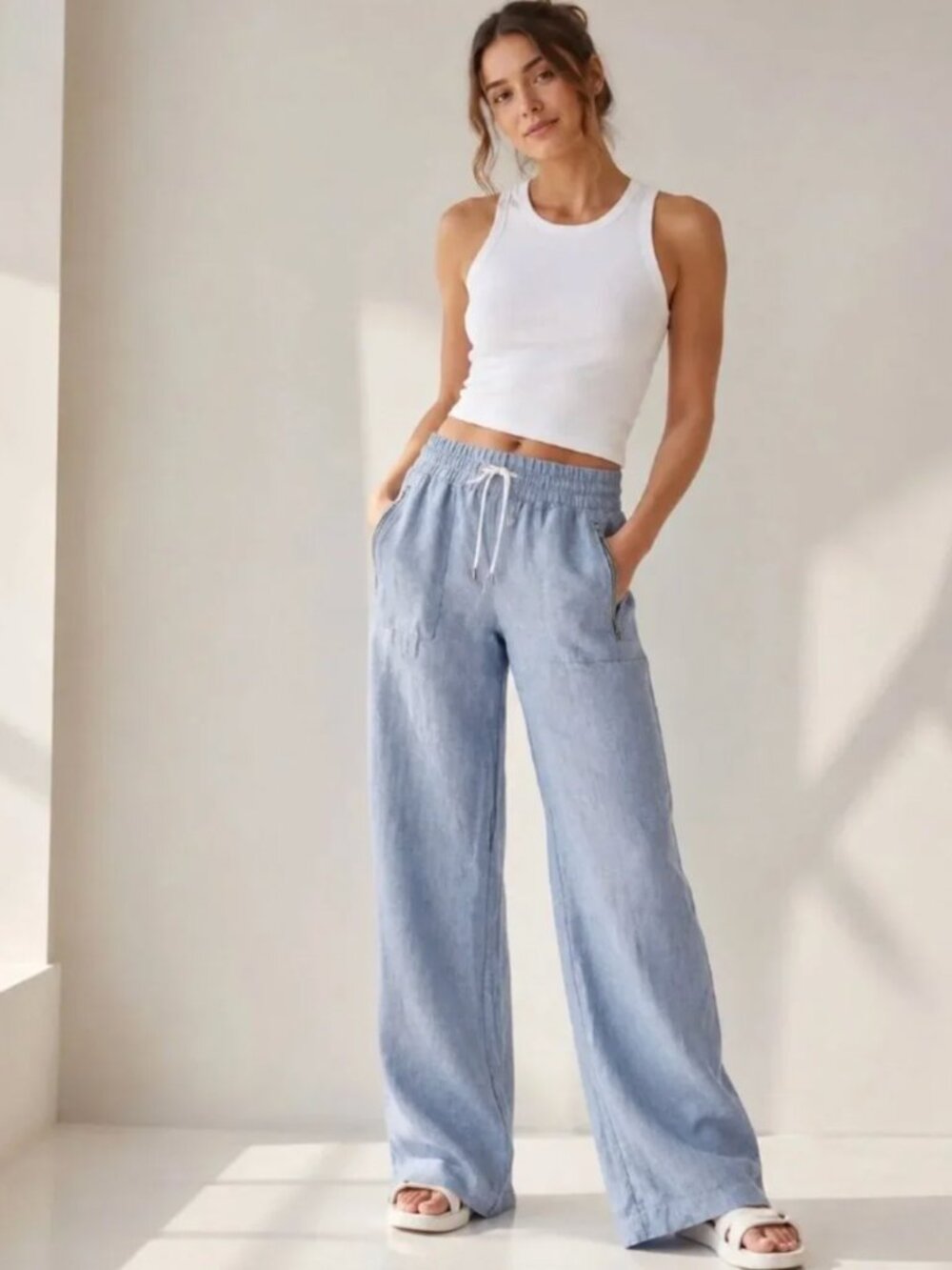 Athleta Blue Elastic Waist Pull On Cabo Linen Wide Leg Pants Women's Size 14
